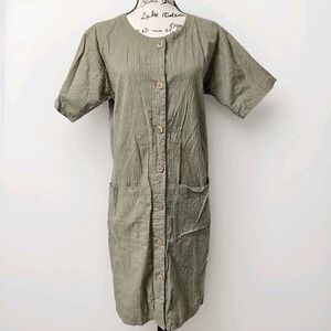 BANANA REPUBLIC Vintage T-shirt 100% Cotton Dress Green Striped‎ Pockets Size M